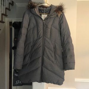 Grey Post Card down coat with fur trimmed hood